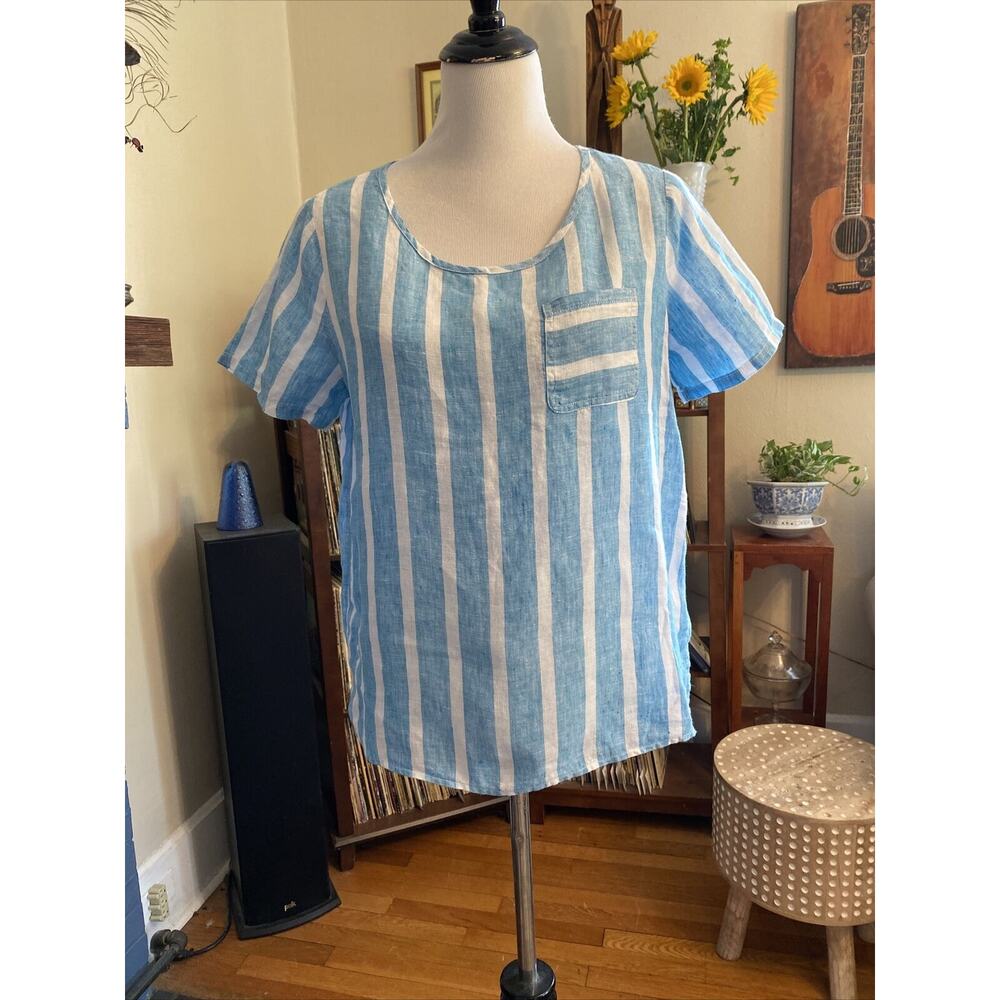Christian Siriano S Teal 100% LINEN Flax Striped Front Pocket Tee Top Boxy SHIRT